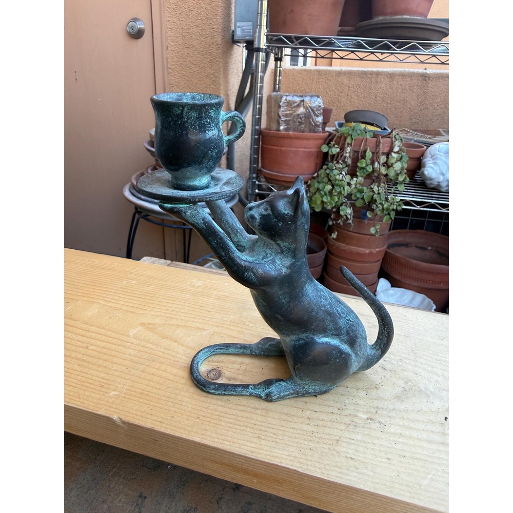 Vintage Bronze Cat Candle Holder Cat Figurine Art Deco Cat Sculpture